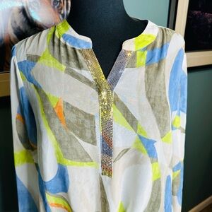 Chico’s Sheer Green Blue V Neck Tie Front Blouse Sequins Top Size 1/USMed